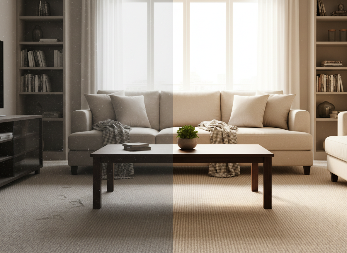 Before and after living room showing dust-free surfaces and vacuum lines on carpet