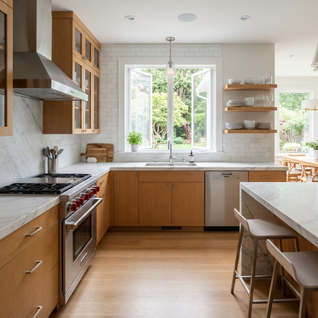 Before and after kitchen cleaning transformation showing grease-free stainless steel and organized counters - After