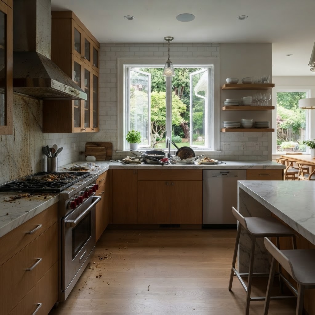 Before and after kitchen cleaning transformation showing grease-free stainless steel and organized counters - Before