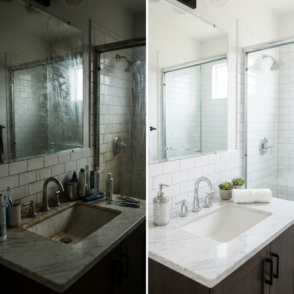 Before and after bathroom cleaning showing sparkling chrome fixtures and crystal clear glass