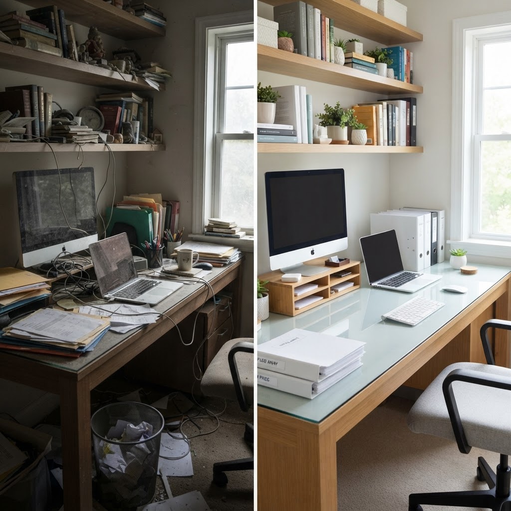 Before and after office cleaning showing immaculate organized workspace with clean glass surfaces
